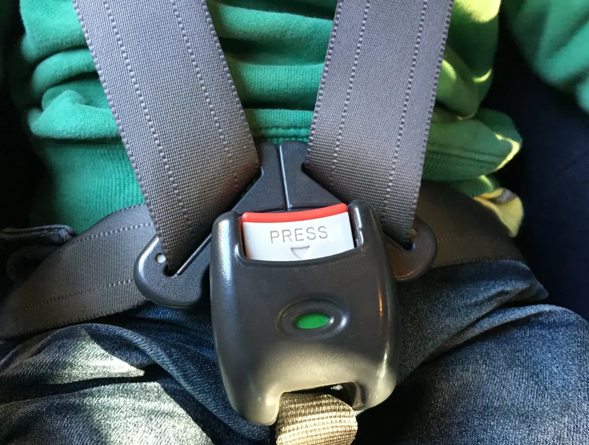 Multi-strap restraint arrangement with a central press-release buckle fastened over a seated occupant